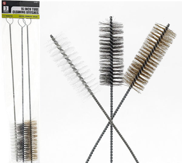 3 Piece Set of 16-Inch Tube Cleaning Brushes for Copper, Stainless, Nylon Surfaces (1.5-Inch Diameter)