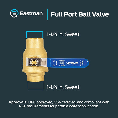 1-1/4 1-1/4 20067LF Eastman Heavy Duty Full Port Brass Ball Valve, in Sweat x in Sweat Connection