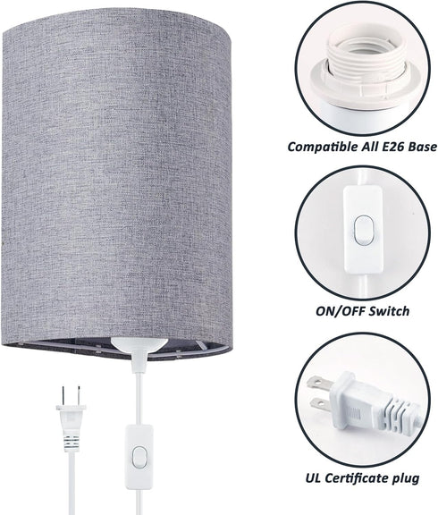 Set 2, 3-Color (3000K/4000K/6000K), Wall Sconces of Plug in Wall Sconces with On/Off Switch, Selectable Fabric Linen