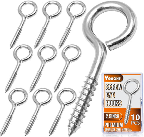 YGAOHF 10 Pcs 2.5 Inches Eye Hooks Screw, 304 Stainless Steel Heavy Duty Eye Bolts, Silver Eye Screws for Wood