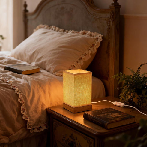 Dimmable LUSHARBOR Boho Bedside Table Lamp, Decorative Rattan Lamp Battery Operated, Small Nightstand Boho Lamp Accent