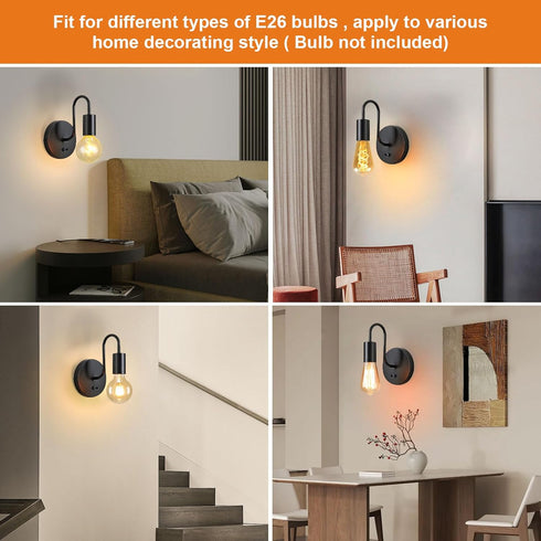 Glighone Dimmble Set E26 Vintage Wall Lights of Two, Black Wall Sconces Industrial Wall Lamps Retro Wall Lighting Hard