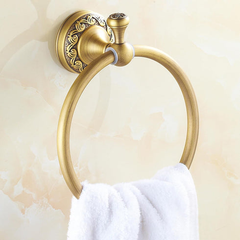 Antique Brass Towel Ring Hanger, Hand Towel Holder for Bathroom Kitchen Accessories, Wall Mounted Pattern Carving Design