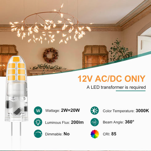 G4 Bulb 12V, Bulbs 2W, 3000K, T3 20W Non-dimmable, Pack 10 DiCUNO LED JC Bi-Pin Base Light Warm White Halogen
