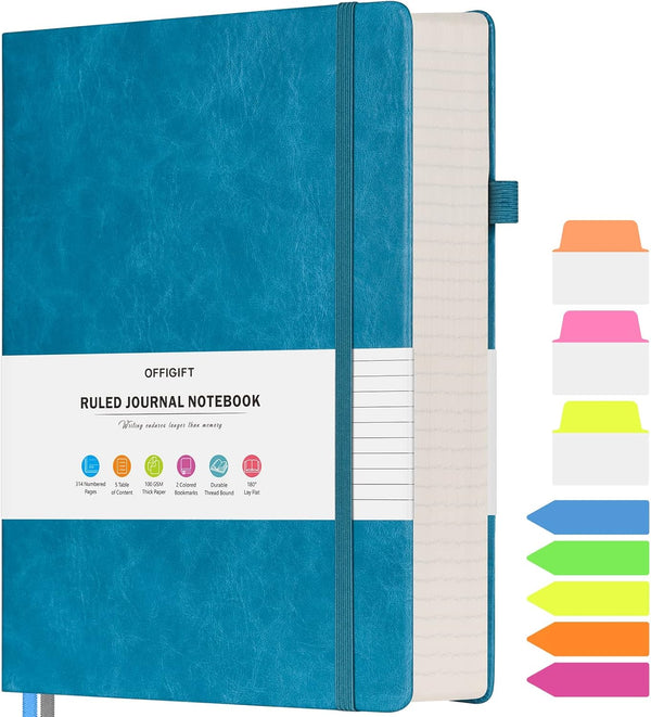 Lined Journal Notebook, Large A5 College Ruled, 312 Numbered Pages Work Notebook with Index Stickers, Blue
