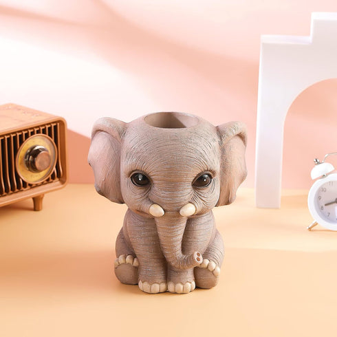 Elephant Pen Pencil Holder - Cute Animal Ornament Makeup Brush Holder for Home Office Desk Decor Organizer