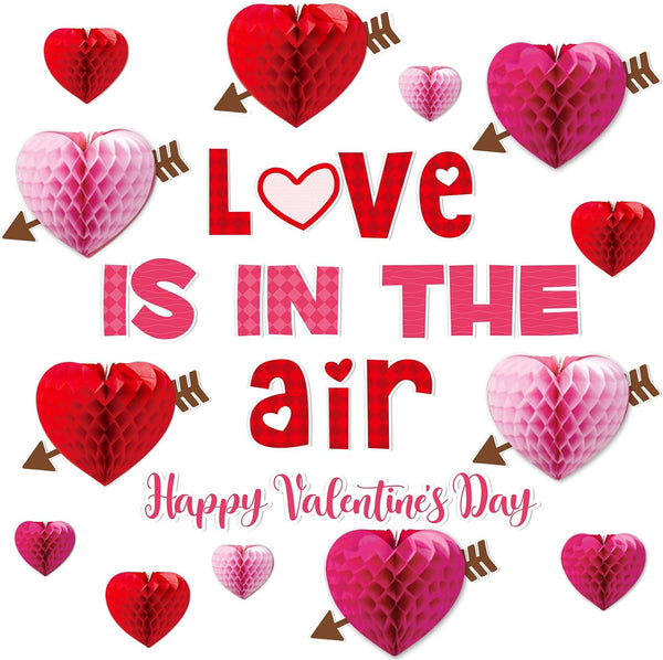 Valentine's Day Bulletin Board Decoration, 3D Heart Honeycombs Love is in The Air Cutouts for Classroom Decor