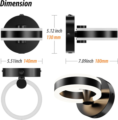 LED Wall Sconces with ON/Off Switch, Matte Black Rotatable Hardwired Wall Light Fixtures, Built in USB Charging Port