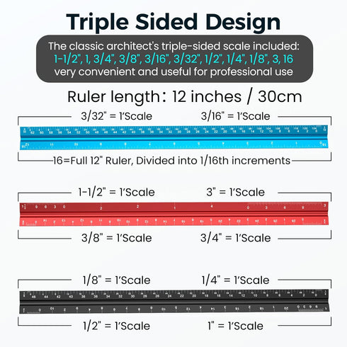 Rena Chris 12" Architectural Scale Ruler, Aluminum Alloy Metal Measuring Tools for Engineering Drafting