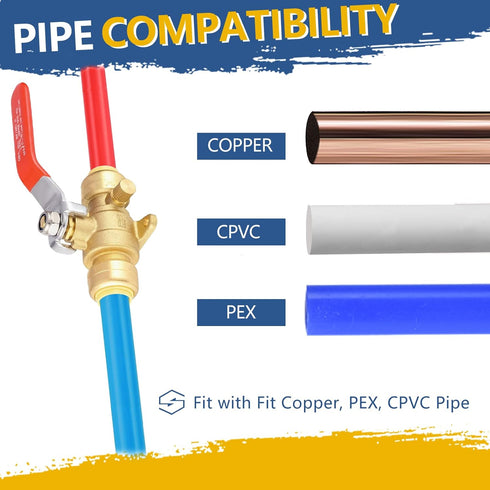 1/2 Inch Push-fit Drop Ear Ball Valve with Drain, Full Port Brass Shut off Ball Valve, Pack of 2 for Copper, PEX, CPVC