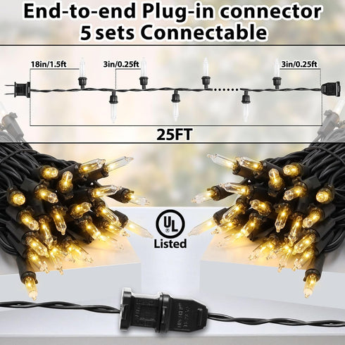 25FT 100 Bulbs Clear Christmas Lights Incandescent Warm White Mini Lights with Black Wire for Christmas Tree, Garland
