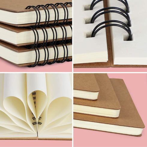 EUSOAR Spiral Blank Notebooks, B5 3 Packs, 7.3" x 10.2", Unlined Travel Writing Notebooks, Memo Notepad, Kraft Cover