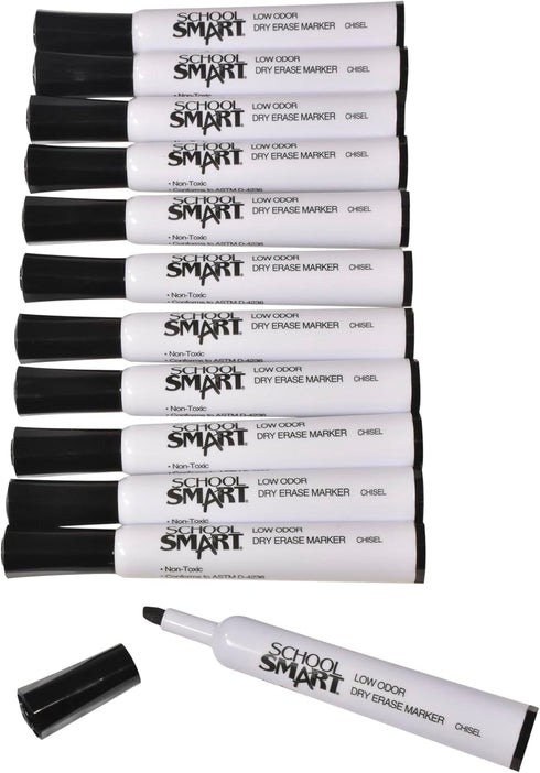 School Smart Low Odor Dry Erase Marker, Chisel Tip, Black, Pack of 12, 40 lb - 24 Inches x 1000 Feet