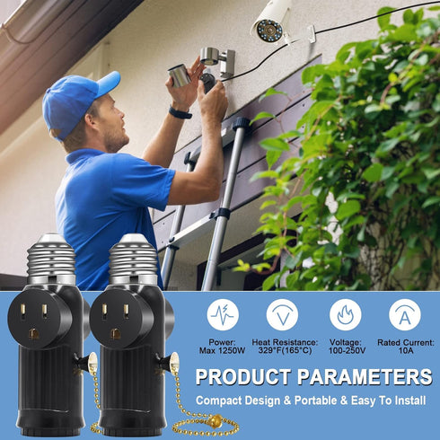2 PCS Light Socket to Plug Adapter, E26 E27 Light Bulb Socket Adapter with Switch Control for 3 Prong Sockets