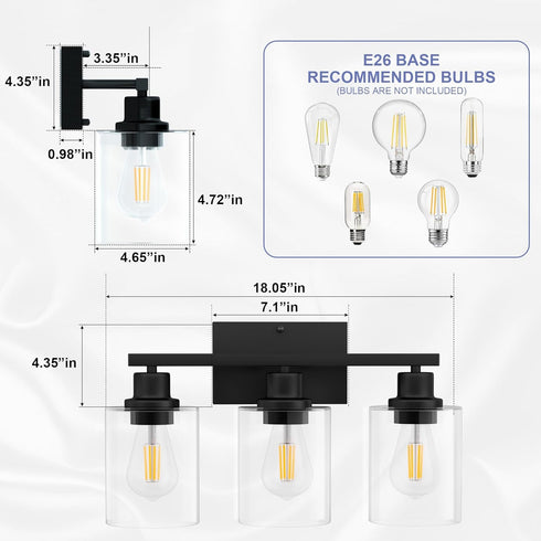 3-Light 18Inches E26 Bulbs Black Bathroom Lights Over Mirror, Anti-Rust Vanity Lighting Fixture for Bathroom, Modern