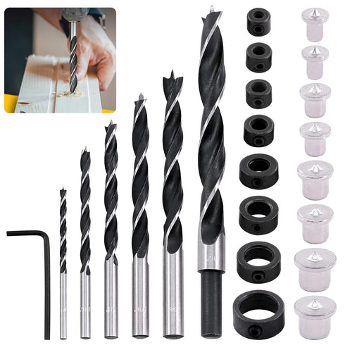 23 Pcs Wood Drill Bit Set with Dowel Pins, Center Point and Stopper for Woodworking Carpentry