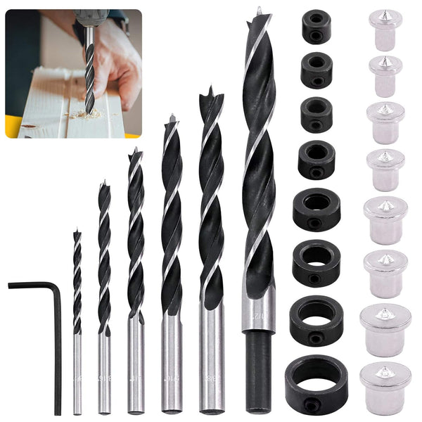 23 Pcs Wood Drill Bit Set with Dowel Pins, Center Point and Stopper for Woodworking Carpentry