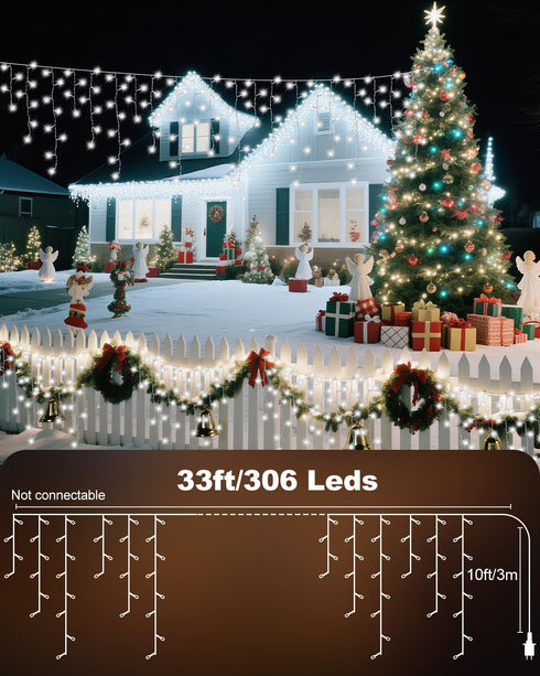 33FT 306 8 Christmas Ice Lights Outdoor, Cold White LED Modes Plug in Xmas Tree Decorations Twinkle Fairy Light String