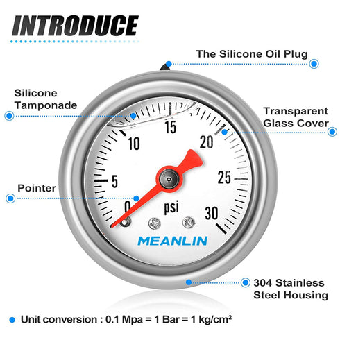 MEANLIN MEASURE 2pcs 0~30Psi Stainless Steel Liquid Filled Pressure Gauge, 1/8" NPT 1.5" Glycerin Filled