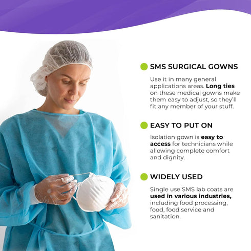 AMZ Medical Supply Disposable Isolation Gown, Large, 10 Pack of Blue Fluid Resistant Gowns
