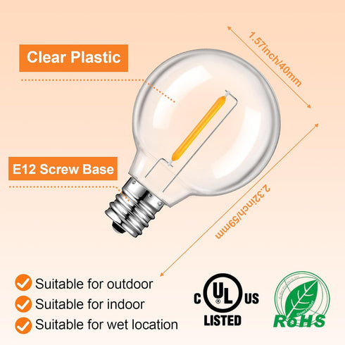 25 Pack G40 LED Replacement Light Bulbs, E12 Screw Base, Waterproof Globe Bulbs for Indoor Outdoor String Lights