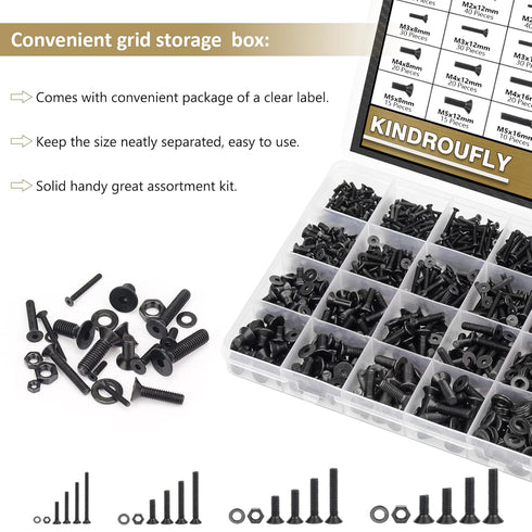 1285 Pieces M2 M3 M4 M5 Screws Nuts Washers Assortment Kit, Metric Screw Set, Fully Machine Thread (Black)