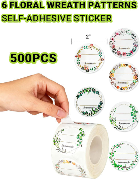 LOYMOK 2" 500pcs/roll 6 Jam and Jelly Jar White Canning Labels for Mason Jars, Round Floral Wreath Design with Lines
