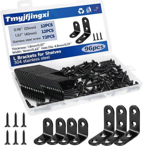 24Pcs Black L Corner Brackets for Shelves 2Sizes Heavy Duty Angle L