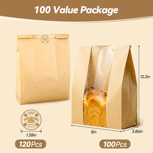 100 120 Tripho Pcs Bread Bags for Homemade Bread with Clear Window & Stickers, Sourdough Bread Bags for Storage