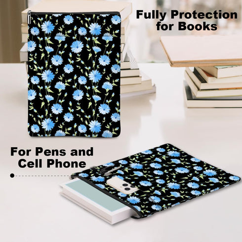 Blue Flower Pattern Waterproof Book Sleeve, Book Pouch with Zipper and Front Pocket, Book Cover Case for Women, Gifts