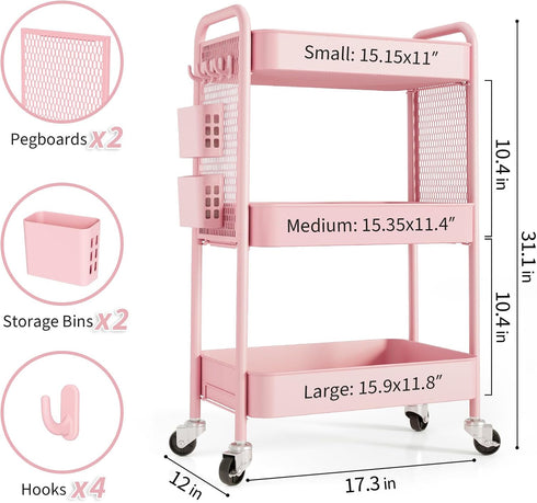 TOOLF Rolling Carts with Wheels, 3 Tier Metal Storage Organizer for Bathroom Kitchen, Pink Utility Cart