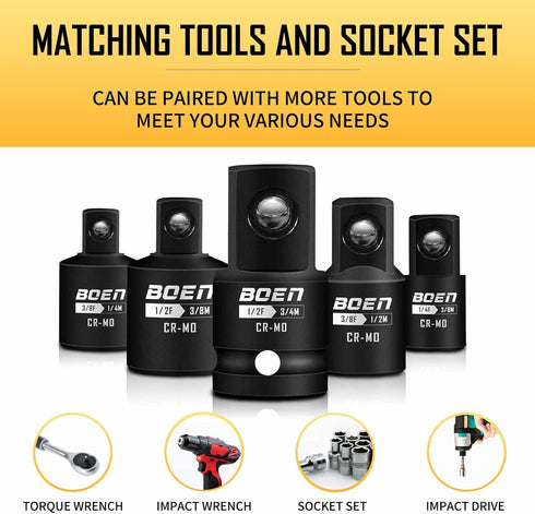 BOEN 5 Piece Impact Socket Adapter Set: Standard SAE, 1/4", 3/8", 1/2" Drive Socket Adapter Set, CR-MO Steel Impact