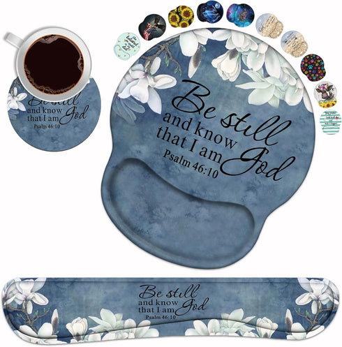 Keyboard Wrist Rest and Mouse Pad Support Set with Coasters, Christian Bible Verse Psalm 46:10, Non-Slip PU Base