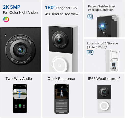 Tapo 2K 180 Person/Vehicle/Package 2-Way D130 Wired Smart Video Doorbell - Ultra-Wide Field of View, Detection, Audio