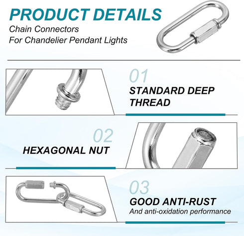 5mm Pack 3 MECCANIXITY Chain Connectors, Thick Quick Link Screw Lock Oval Clips for Chandelier Pendant Lights, Chrome