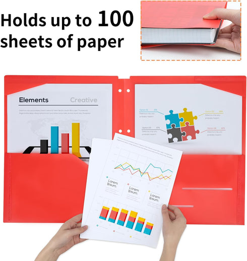 EOOUT 10pcs Colorful File Folders, Plastic with Pocket and 2 Business Card Slots, 3 Hole Punch for Binder