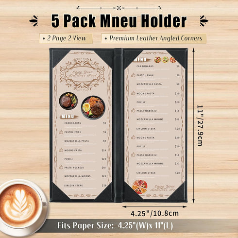 4.25" 11" 5 Pack 2 Menu Covers x View Black PU Leather Restaurant Menu Holders, Double Panel with Angled Corners
