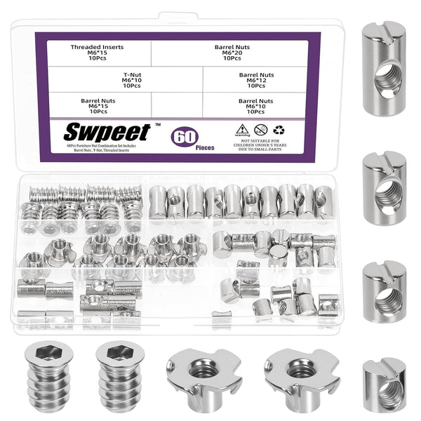 Swpeet 60Pcs M610/12/15/20 Nickel Plated Barrel Nuts with Threaded Inserts and T-Nuts Assortment