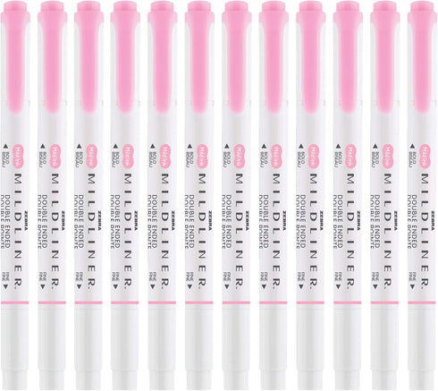 Zebra Pen Mildliner Double-Ended Highlighter Marker Set, 12-Pack, Broad and Fine Point Tips, Mild Pink Ink