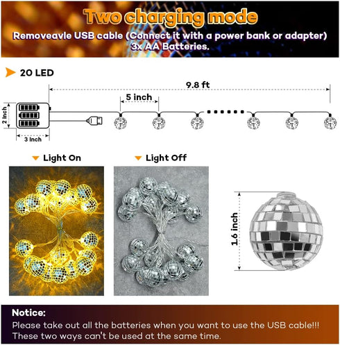 20 Mamma 70s 80s 90s AceList LED Disco Ball String Light for Mia Dance Party, Disco Ball Decor Battery Powered and USB