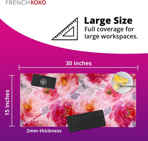 KOKO French Desk Mat, XL Pink Floral Large Mouse Pad for Keyboard, Cute Desk Accessories for Home Office