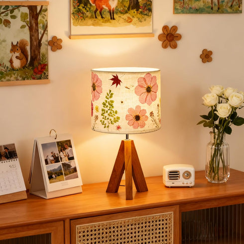 14.96in, 9W 3-Color Dried Flowers Tripod Table Lamp LED Cute Bedside Lamp with Flowers Linen Lampshade for Nursery
