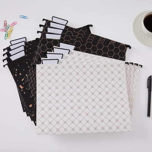 Y YOMA 12 Pack Decorative Hanging File Folders, Letter Size, Rose Gold, 1/5-Cut Adjustable Tabs, 3 Black Foil Design
