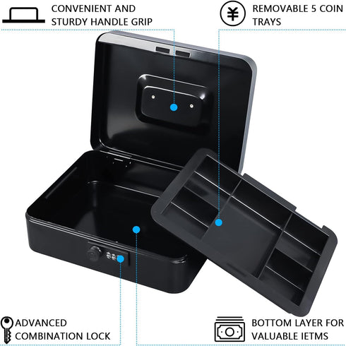 9.84"x 7.87"x 3.54" KYODOLED Large Cash Box with Combination Lock Safe Metal Money Box with Money Tray for Security