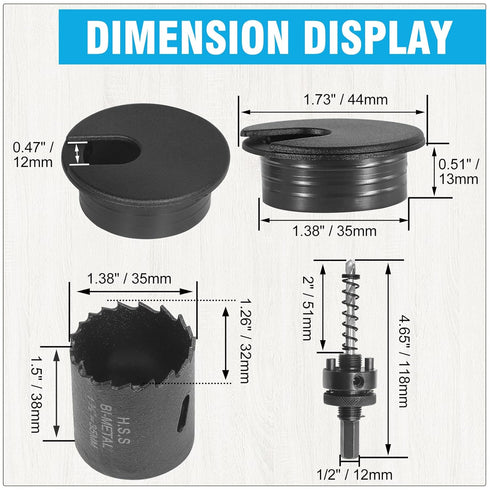 1-3/8" Black Desk Grommet with Bi-Metal Hole Saw, JTemgle Plastic Cable Hole Cover, 7 Pieces for Cord Management