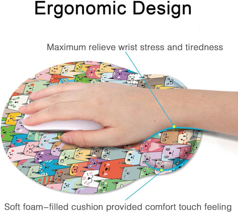 Britimes Ergonomic Mouse Pad with Wrist Support, Colorful Cats Non-Slip Rubber Base for Home Office