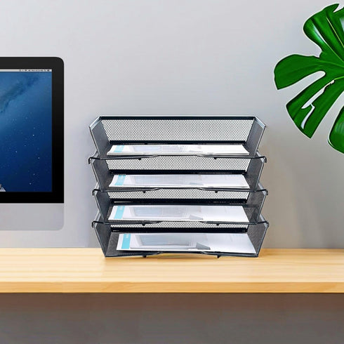 SETTFRFE 4-Tier Letter Tray Desk Organizer - Mesh Stackable File Trays for Desktop Paper Storage, Black