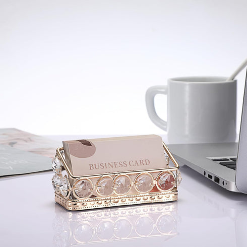 Hipiwe 2 Packs Crystal Business Card Holder, Gold Metal Display Holder for Desk, Bling Office Desktop Organizer with
