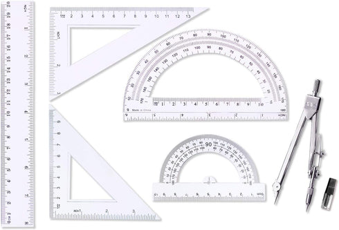 oxe Student Math Geometry Set, 6 Pcs: 4 Inch and 6 Inch Drawing Compass, Clear Math Protractor, Triangle Ruler, 30/60