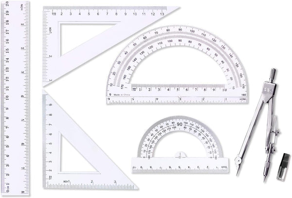 oxe Student Math Geometry Set, 6 Pcs: 4 Inch and 6 Inch Drawing Compass, Clear Math Protractor, Triangle Ruler, 30/60